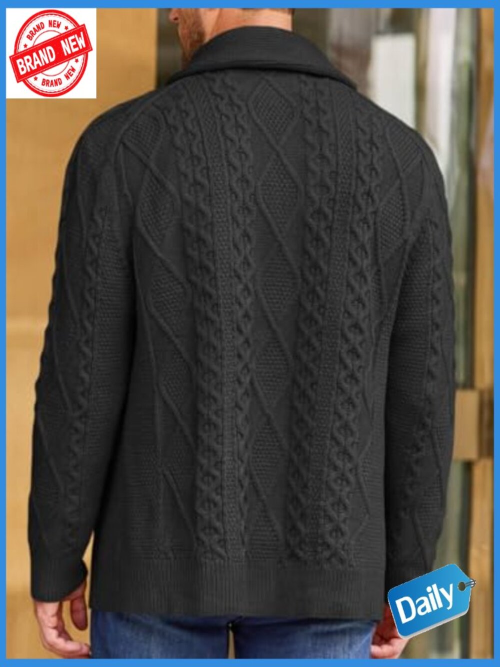 Shawl Collar Cardigan Cable Knitted Men's Fall Winter Chunky Buttons - Picture 3 of 7